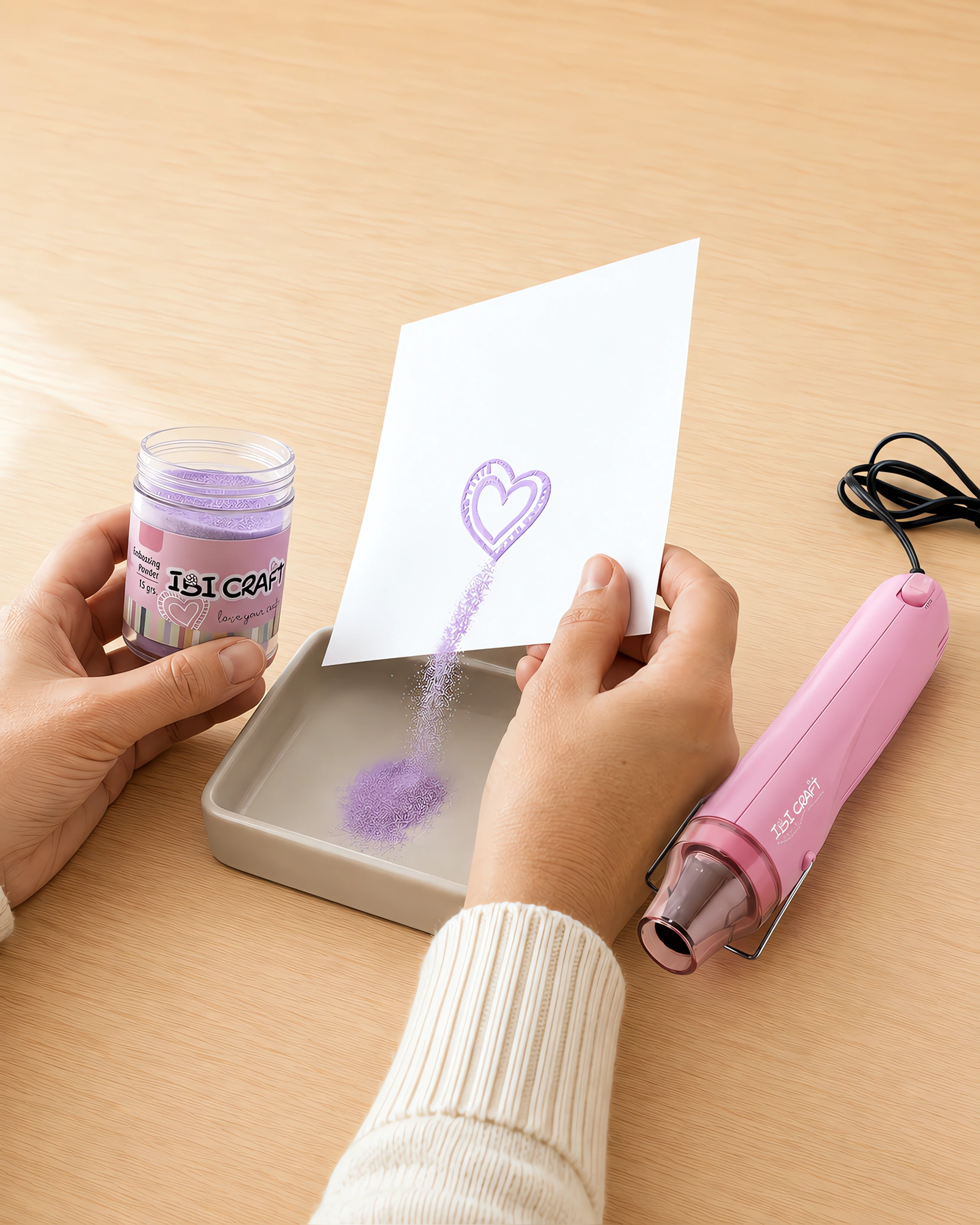 Manos espolvoreando el polvo de embossing sobre el sello húmedo