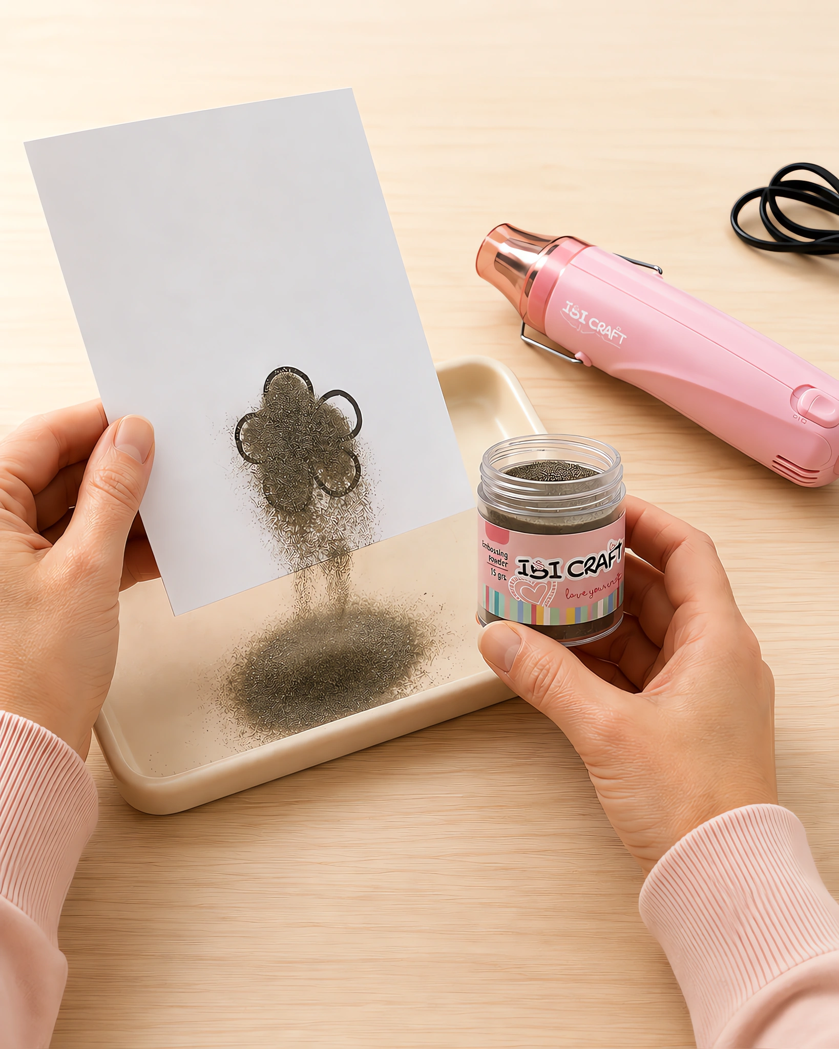 Manos espolvoreando el polvo de embossing sobre el sello húmedo