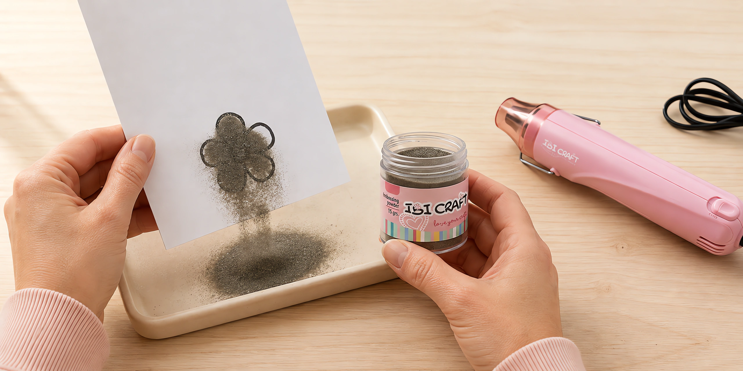 Manos espolvoreando el polvo de embossing sobre el sello húmedo