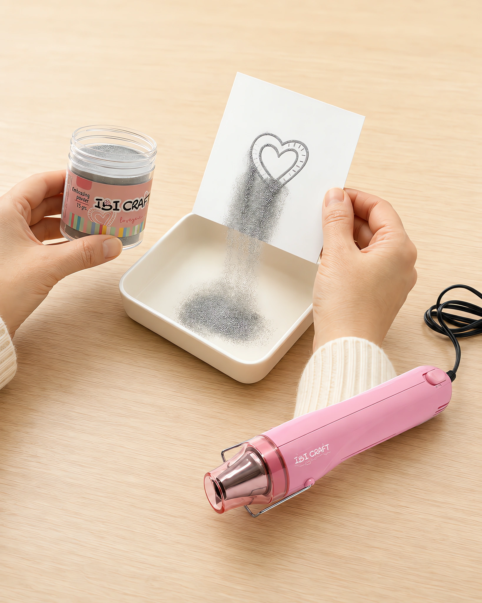 Manos espolvoreando el polvo de embossing sobre el sello húmedo