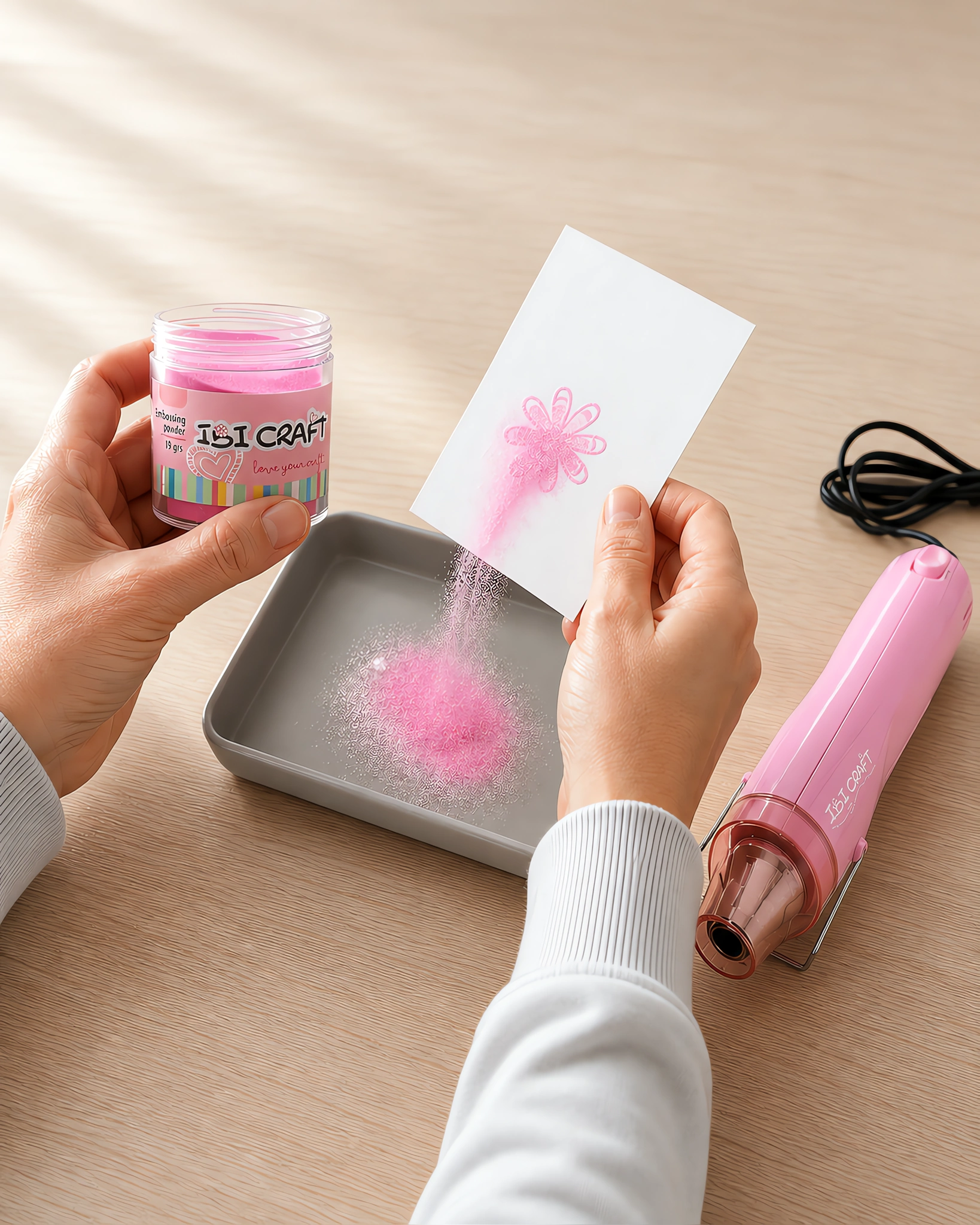 Manos espolvoreando el polvo de embossing sobre el sello húmedo