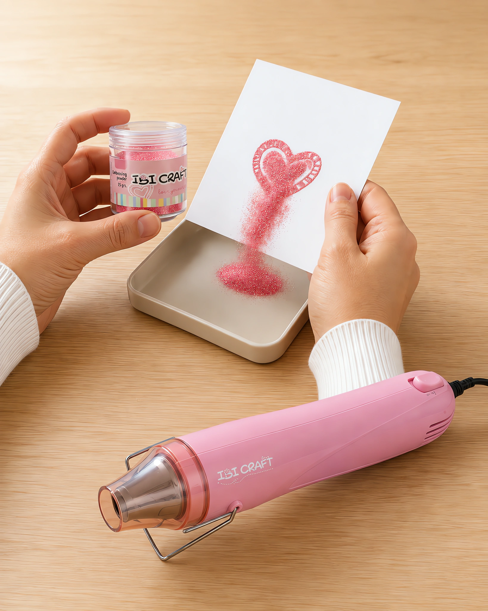 Manos espolvoreando el polvo de embossing sobre el sello húmedo