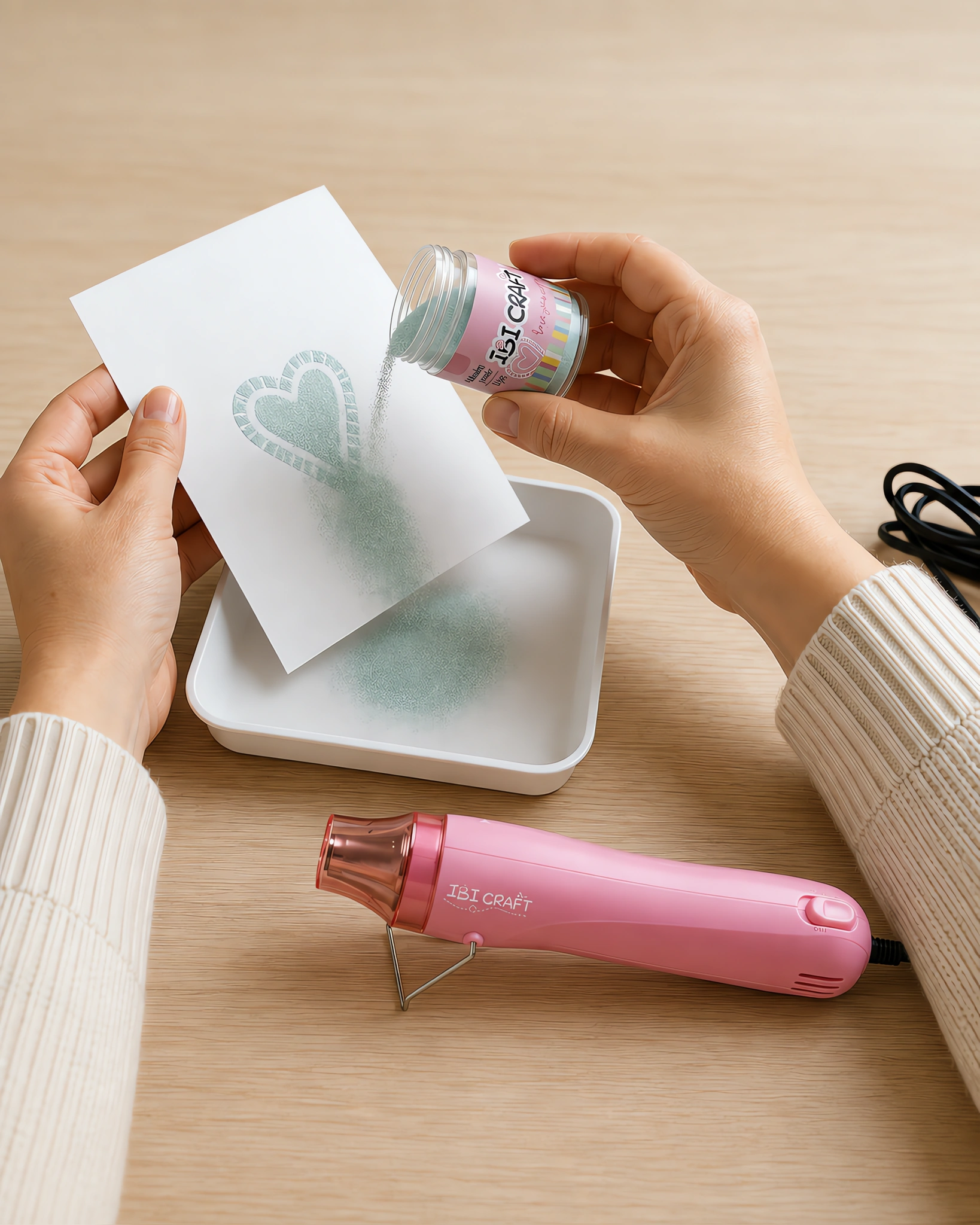 Manos espolvoreando el polvo de embossing sobre el sello húmedo