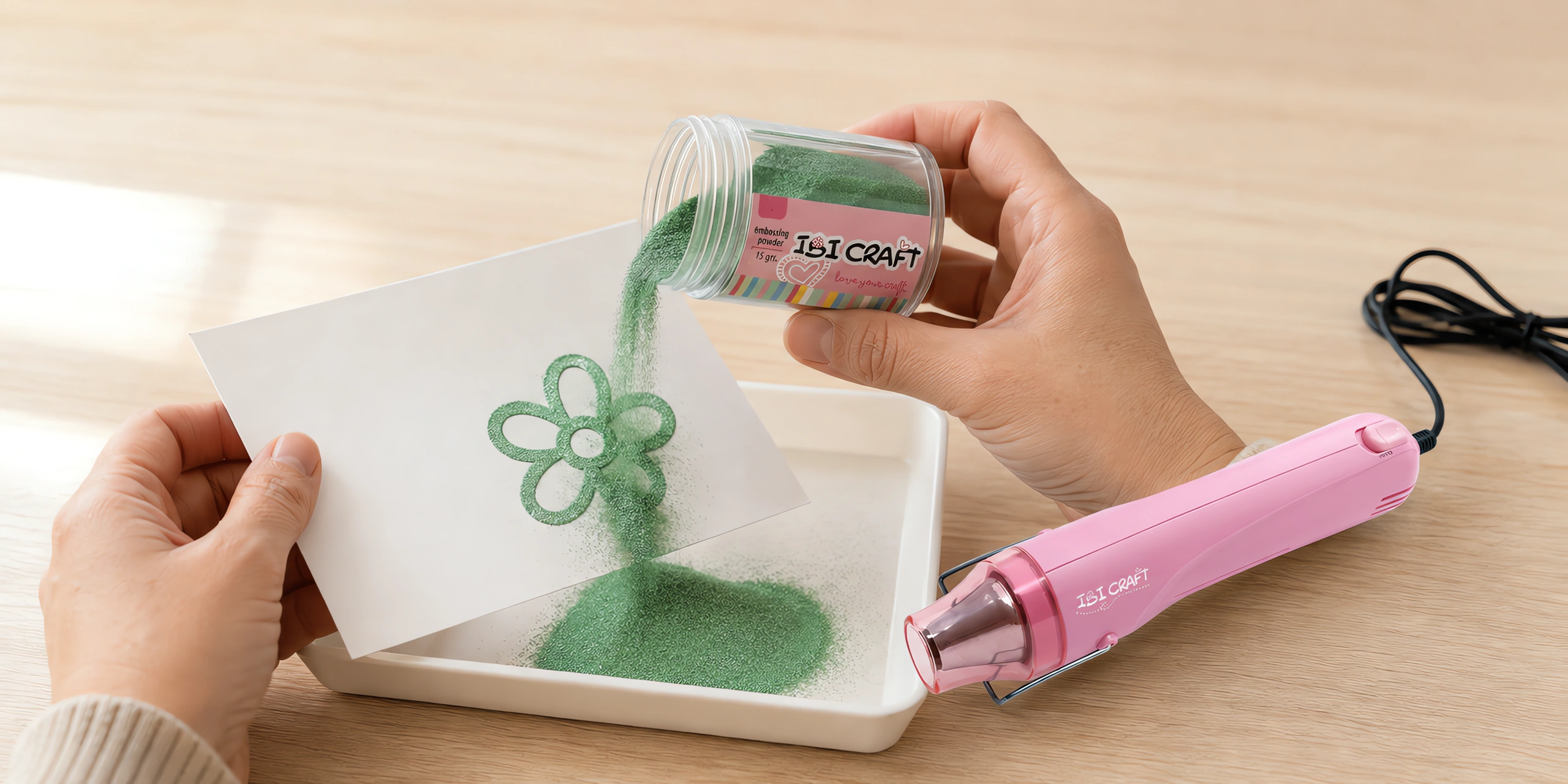 Manos espolvoreando el polvo de embossing sobre el sello húmedo