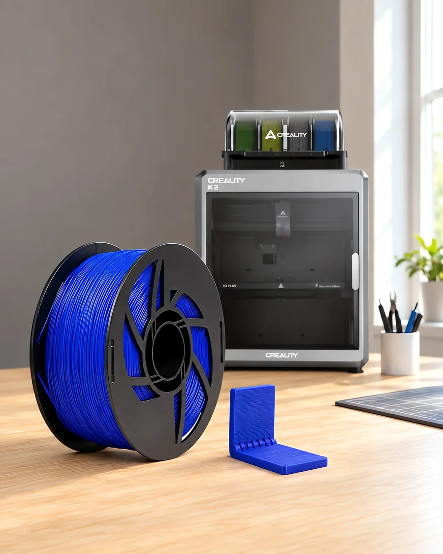 Carretel de filamento polipropileno azul sobre una mesa de roble claro, con una impresora 3D detrás y una bisagra impresa en el mismo color al lado.