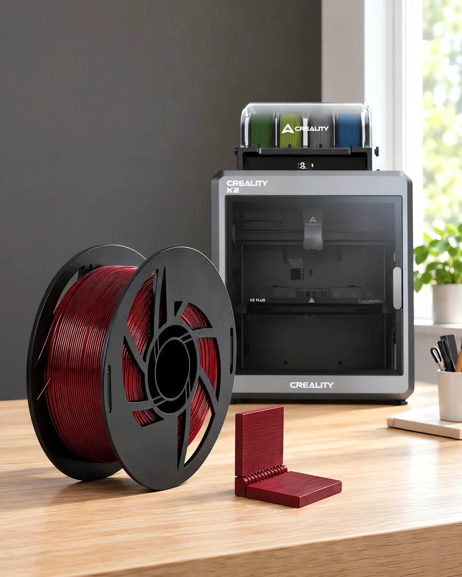 Carretel de filamento polipropileno rojo sobre una mesa de roble claro, con una impresora 3D detrás y una bisagra impresa en el mismo color al lado.