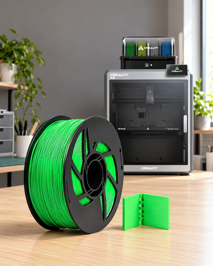 Carretel de filamento polipropileno verde sobre una mesa de roble claro, con una impresora 3D detrás y una bisagra impresa en el mismo color al lado.