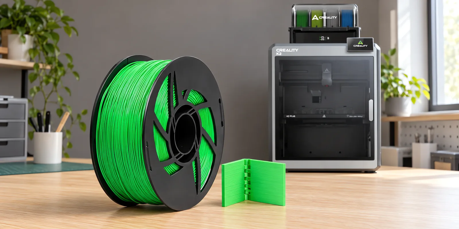 Carretel de filamento polipropileno verde sobre una mesa de roble claro, con una impresora 3D detrás y una bisagra impresa en el mismo color al lado.