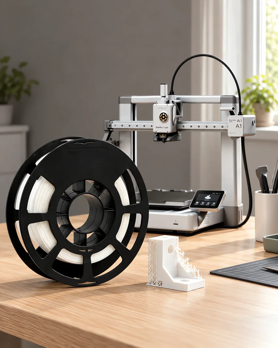 Carretel de filamento pva soluble soluble sobre una mesa de roble claro, con una impresora 3D detrás y un soporte impresa en el mismo color al lado.