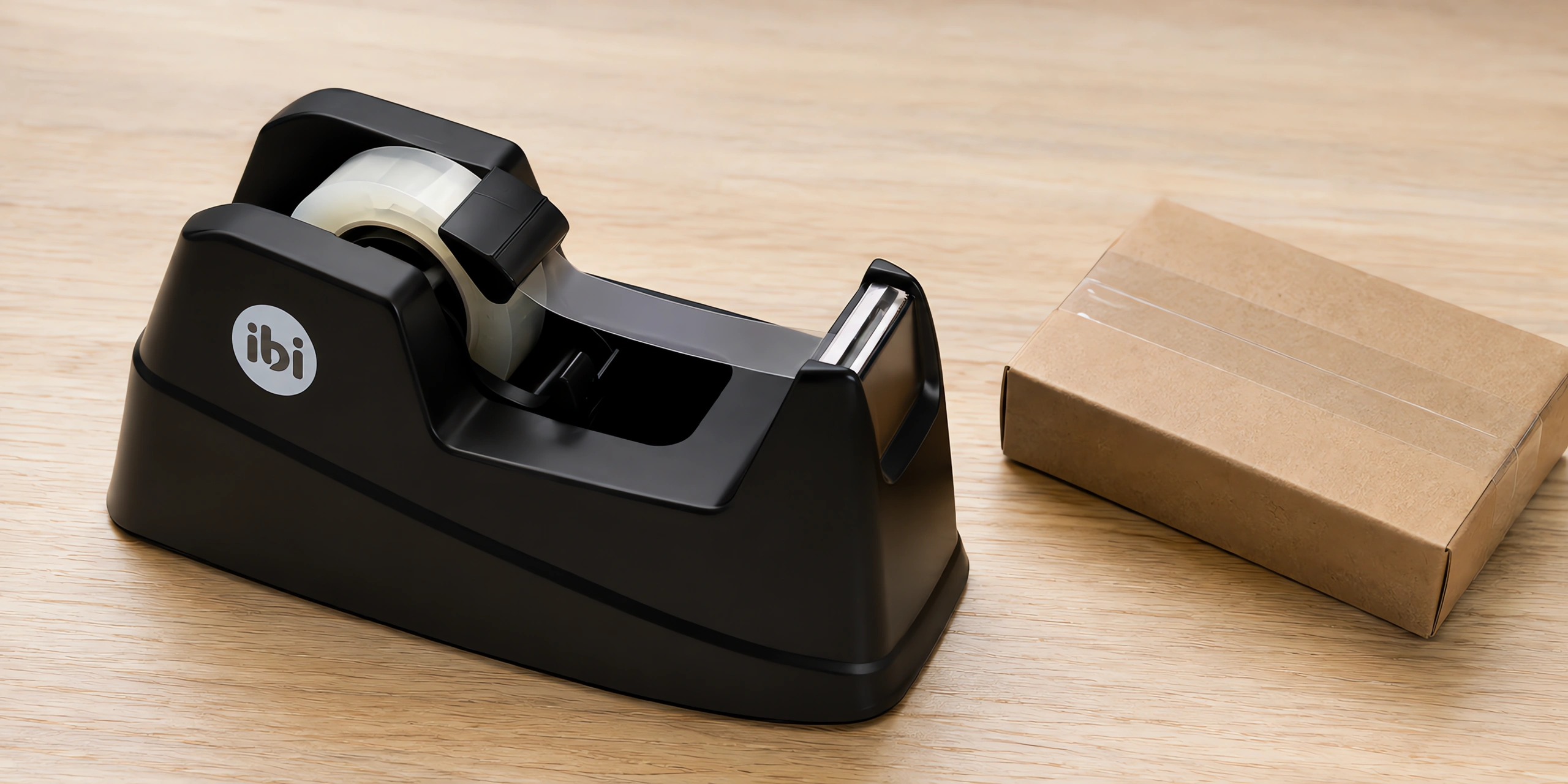 Racionador de mesa negro sobre la mesa, cargado con un rollo de cinta y un paquete cerrado al lado