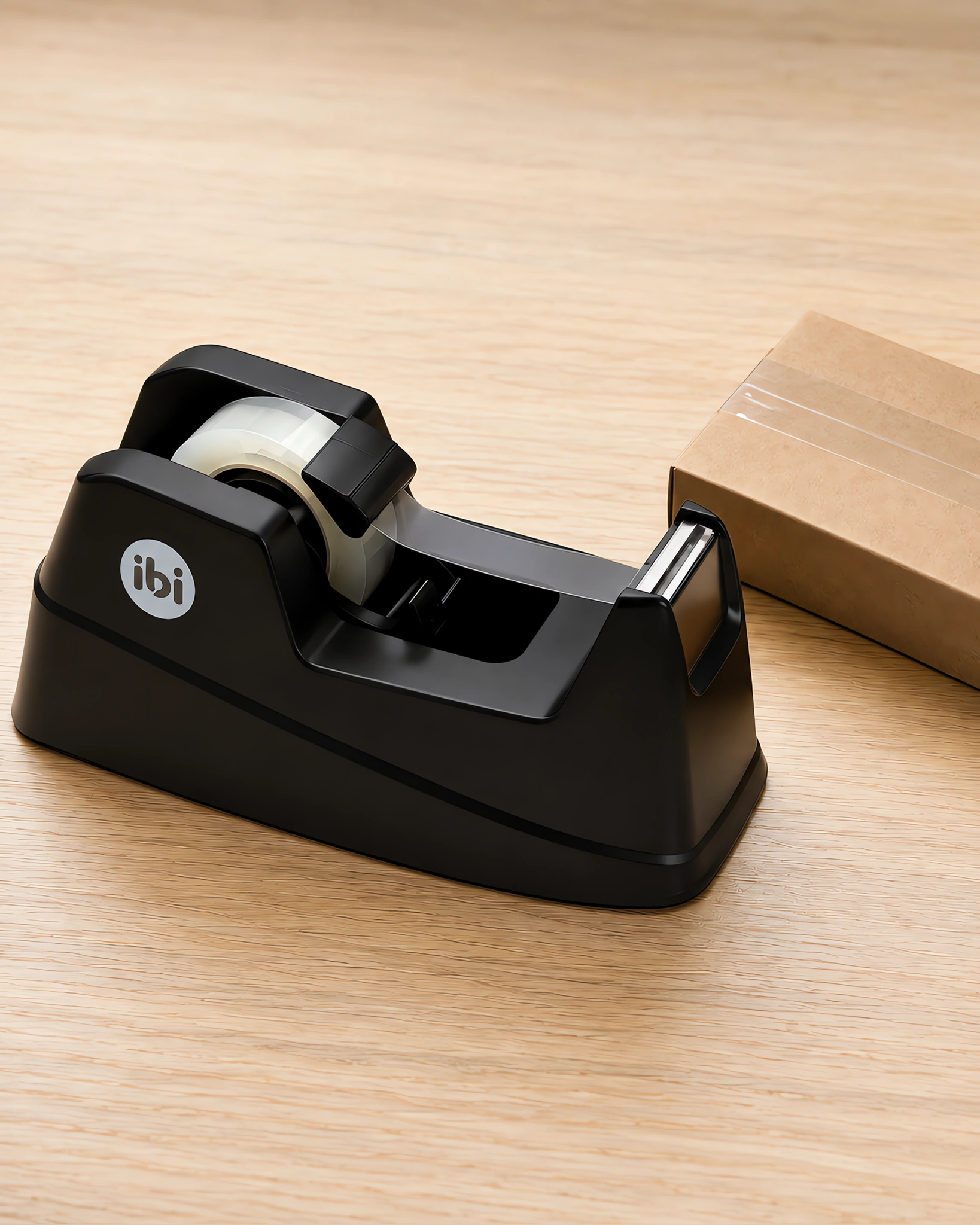 Racionador de mesa negro sobre la mesa, cargado con un rollo de cinta y un paquete cerrado al lado