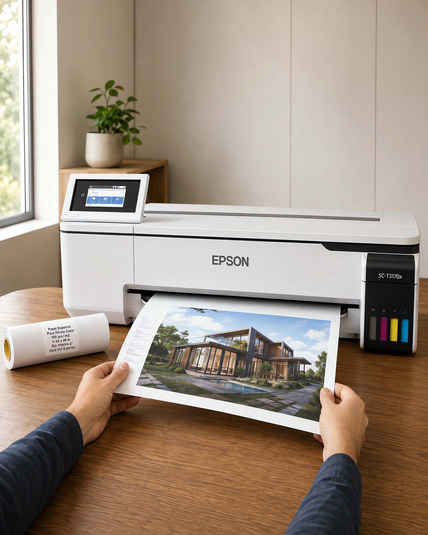 Un render a color saliendo del plotter junto al rollo de papel de alta resolución