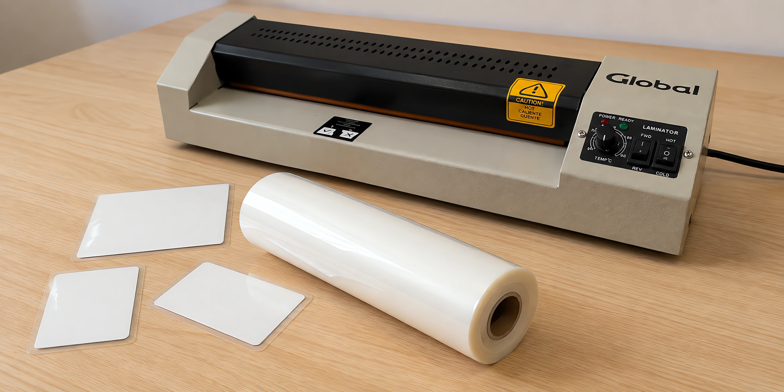 Rollo de film brillante para laminar sobre la mesa, con la plastificadora profesional detrás