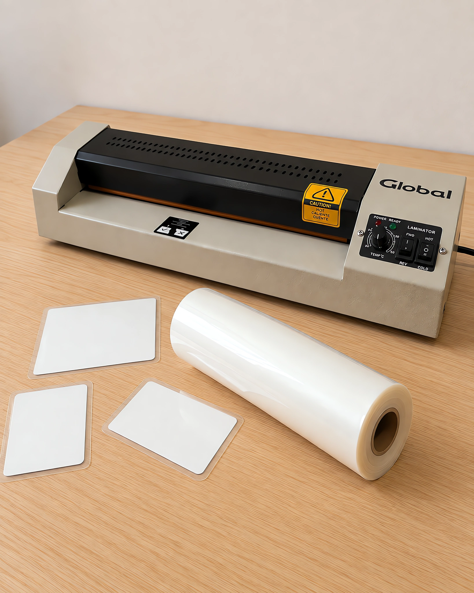 Rollo de film brillante para laminar sobre la mesa, con la plastificadora profesional detrás