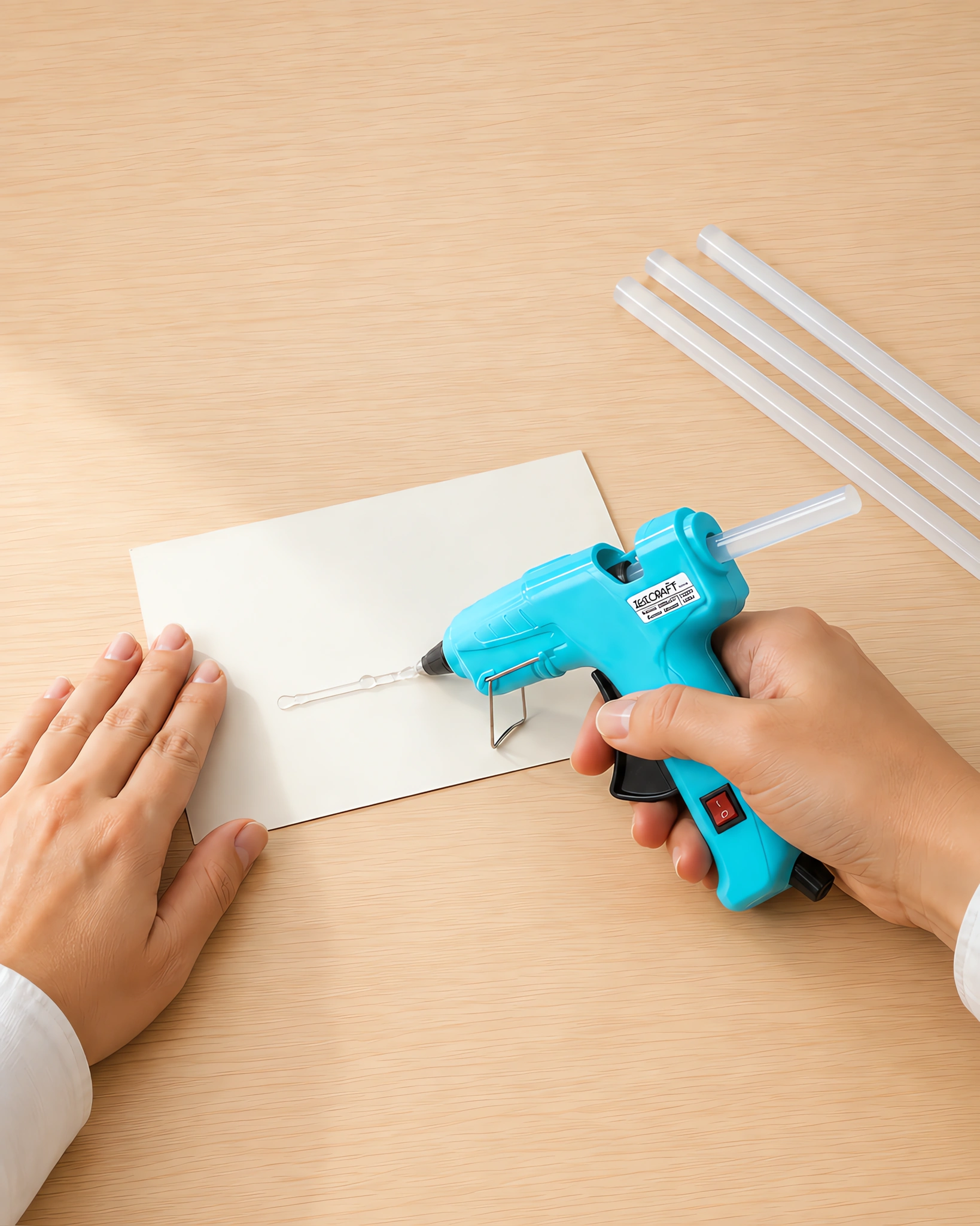 Manos aplicando silicona cristal con la pistola encoladora sobre una cartulina, con las barras al lado