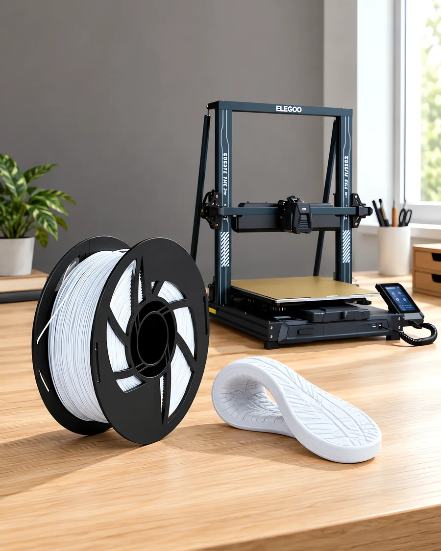 Carretel de filamento filamento flexible blanco sobre una mesa de roble claro, con una impresora 3D detrás y una suela impresa en el mismo color al lado.