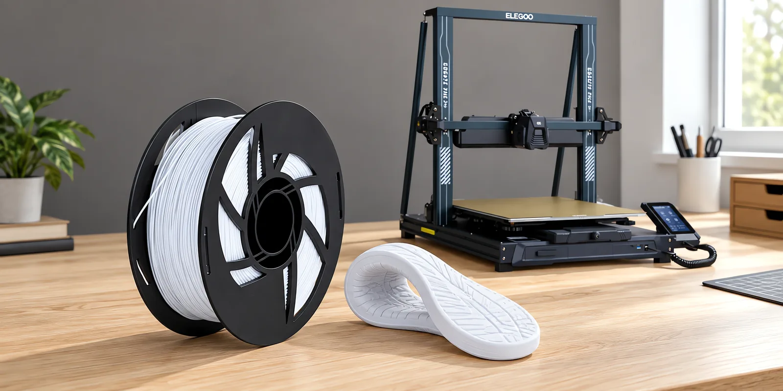 Carretel de filamento filamento flexible blanco sobre una mesa de roble claro, con una impresora 3D detrás y una suela impresa en el mismo color al lado.