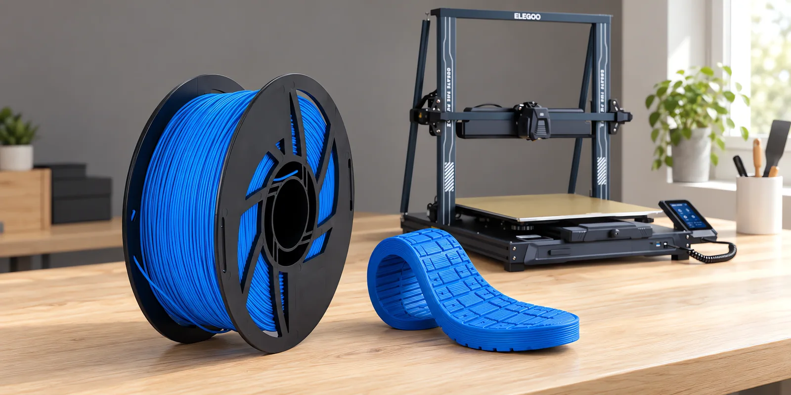 Carretel de filamento filamento flexible celeste sobre una mesa de roble claro, con una impresora 3D detrás y una suela impresa en el mismo color al lado.