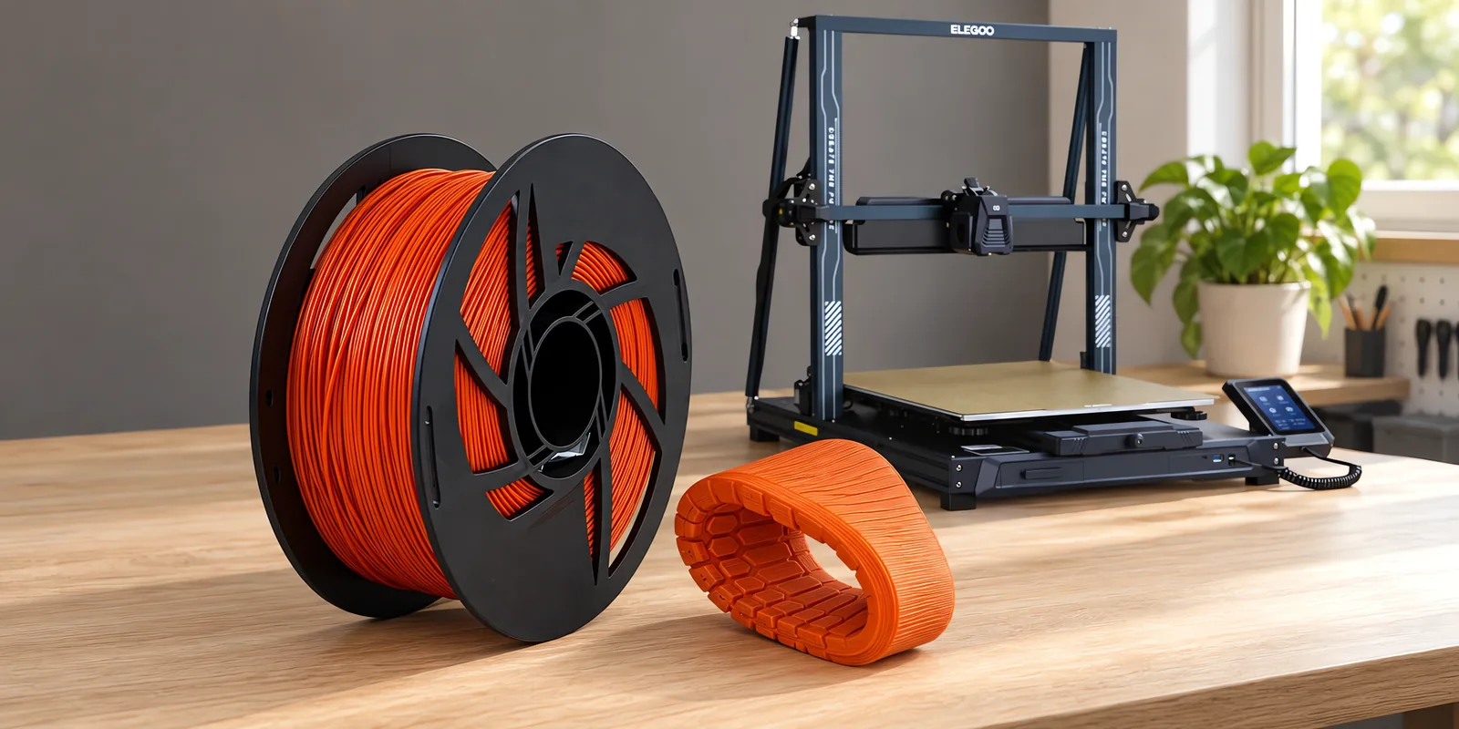 Carretel de filamento filamento flexible naranja sobre una mesa de roble claro, con una impresora 3D detrás y una suela impresa en el mismo color al lado.
