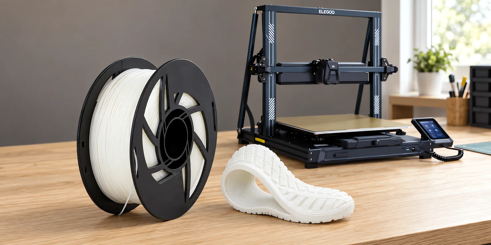 Carretel de filamento filamento flexible natural sobre una mesa de roble claro, con una impresora 3D detrás y una suela impresa en el mismo color al lado.