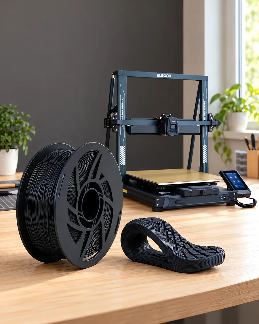 Carretel de filamento filamento flexible negro sobre una mesa de roble claro, con una impresora 3D detrás y una suela impresa en el mismo color al lado.