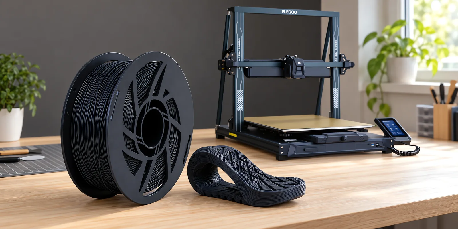 Carretel de filamento filamento flexible negro sobre una mesa de roble claro, con una impresora 3D detrás y una suela impresa en el mismo color al lado.