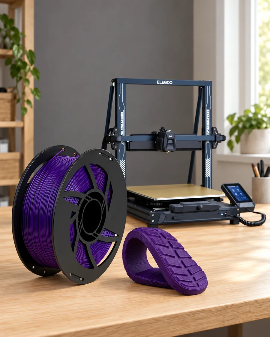 Carretel de filamento filamento flexible nova sobre una mesa de roble claro, con una impresora 3D detrás y una suela impresa en el mismo color al lado.
