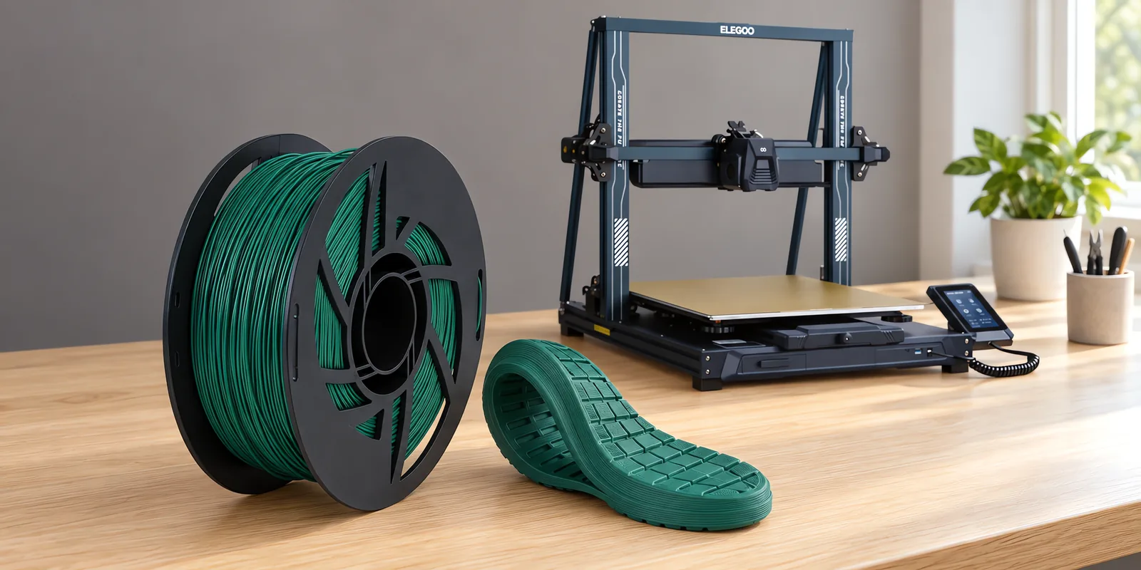 Carretel de filamento filamento flexible verde sobre una mesa de roble claro, con una impresora 3D detrás y una suela impresa en el mismo color al lado.