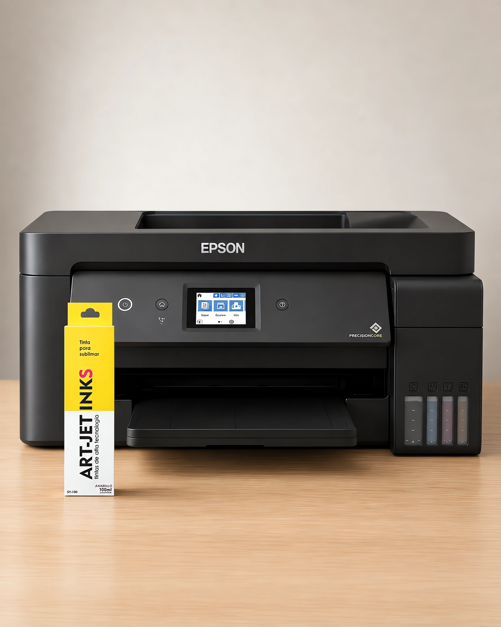 Envase de tinta para sublimar amarillo sobre la mesa, con la impresora Epson A3 que la usa detrás