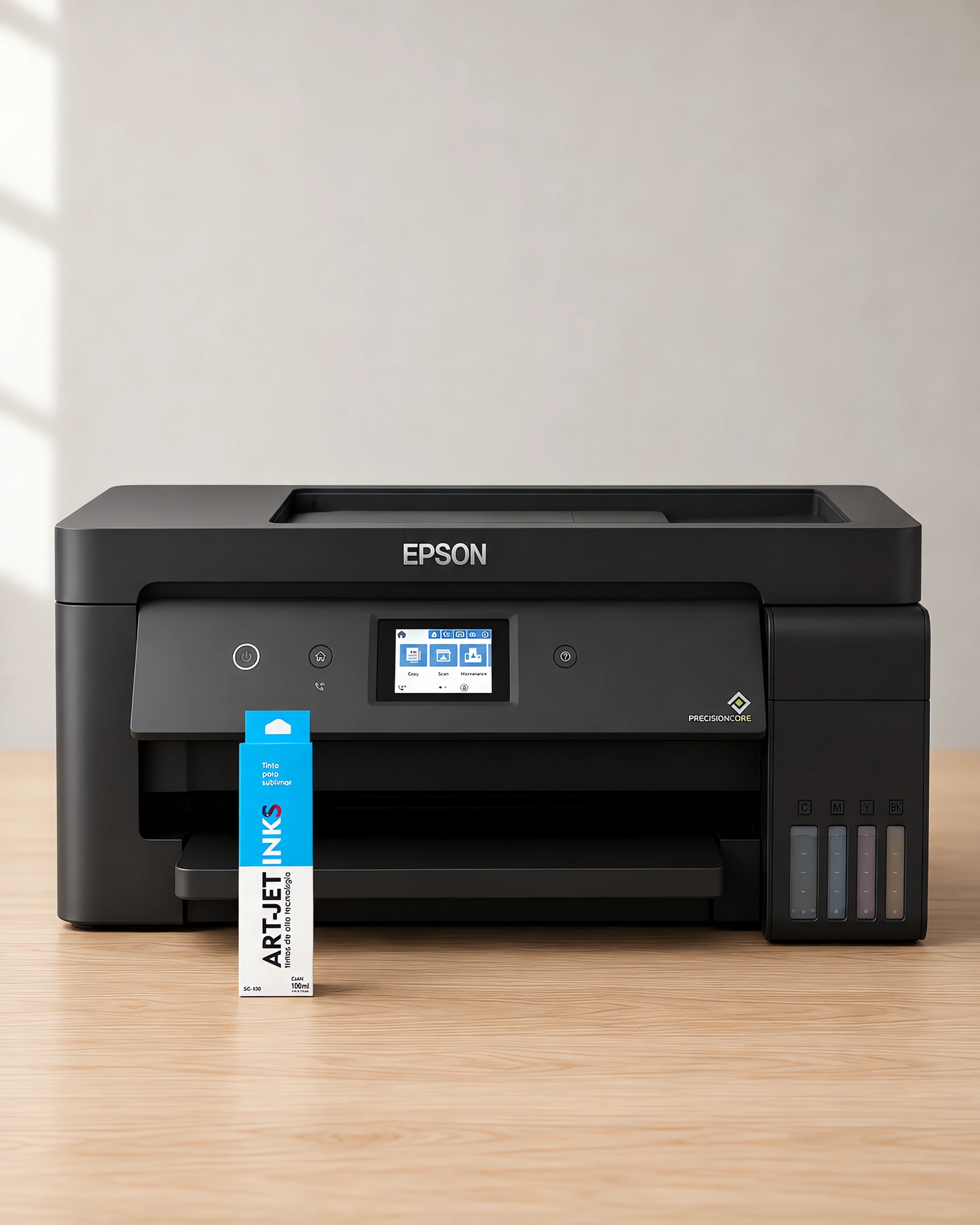 Envase de tinta para sublimar cyan sobre la mesa, con la impresora Epson A3 que la usa detrás