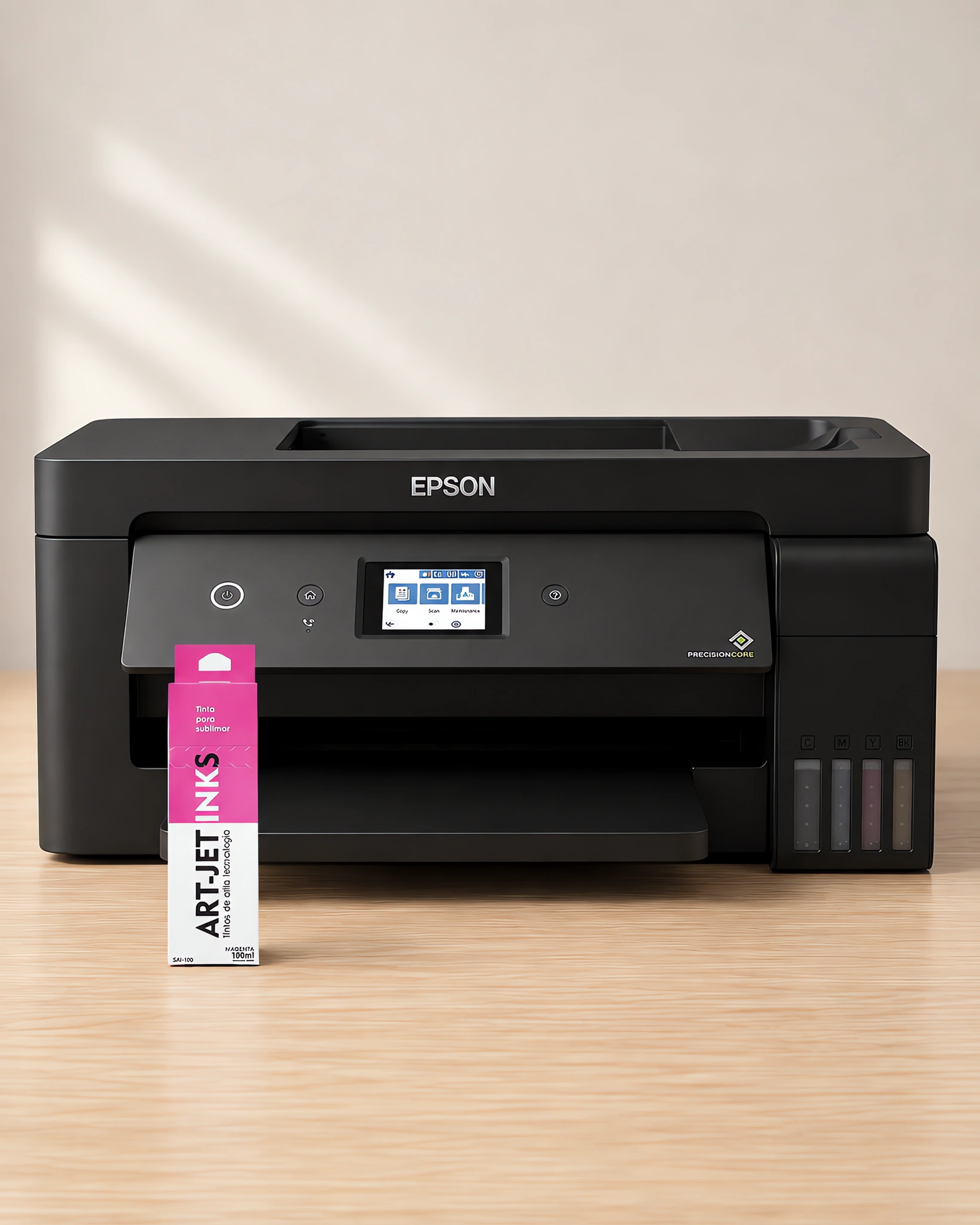 Envase de tinta para sublimar magenta sobre la mesa, con la impresora Epson A3 que la usa detrás