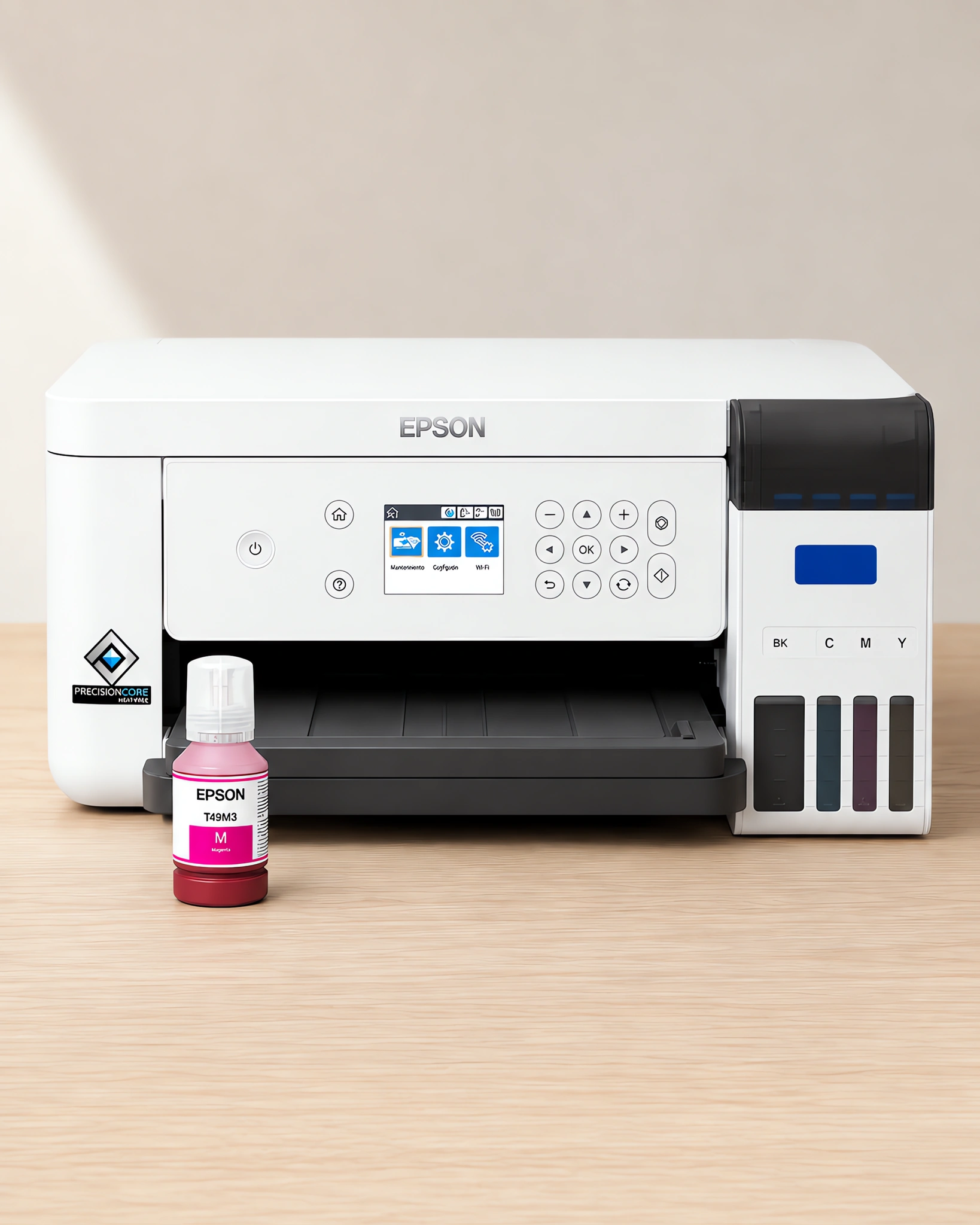 Tinta para sublimar original, F170 y F570 en su envase magenta, sobre la mesa de trabajo, con la impresora que la usa detrás