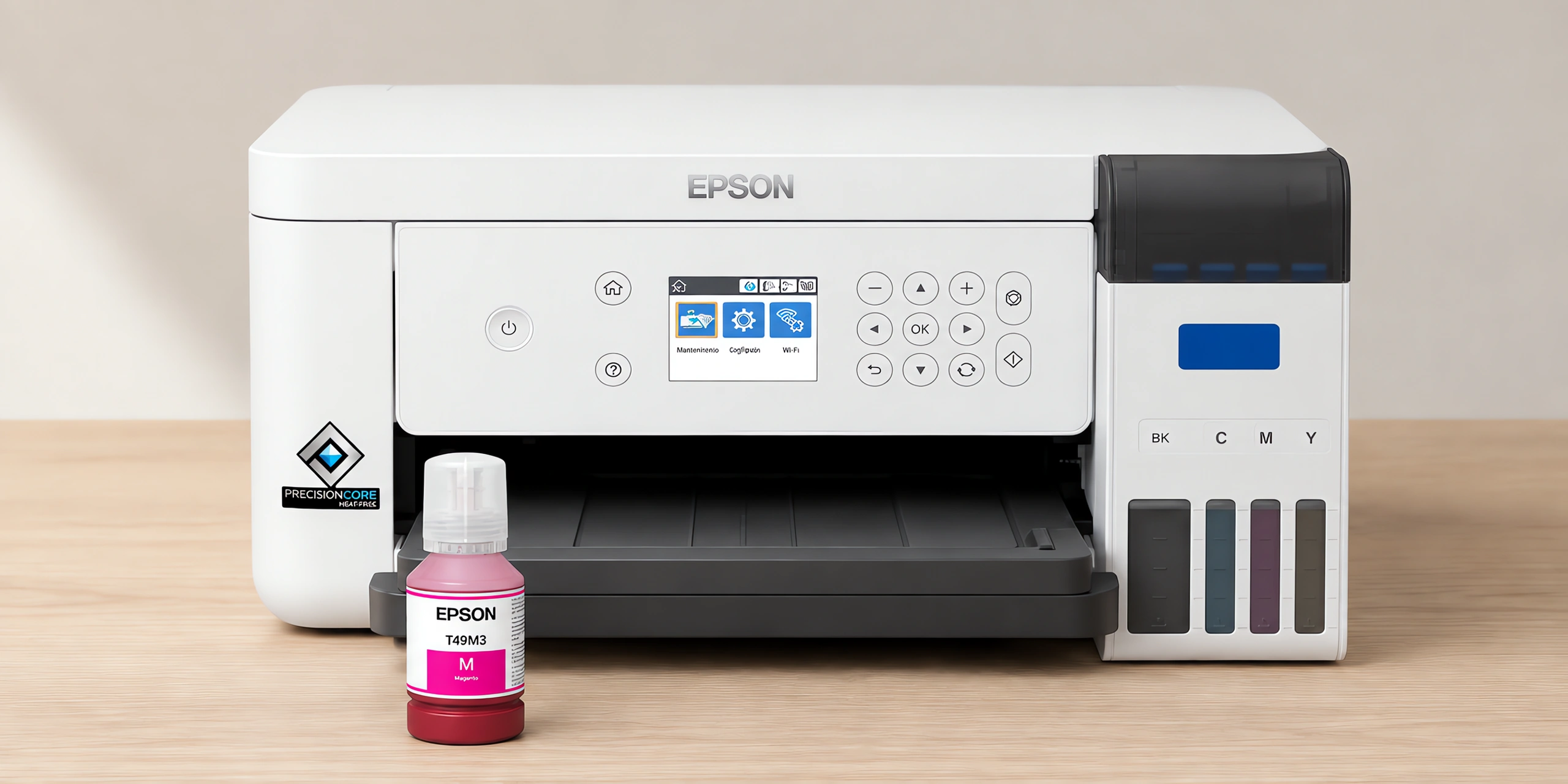 Tinta para sublimar original, F170 y F570 en su envase magenta, sobre la mesa de trabajo, con la impresora que la usa detrás