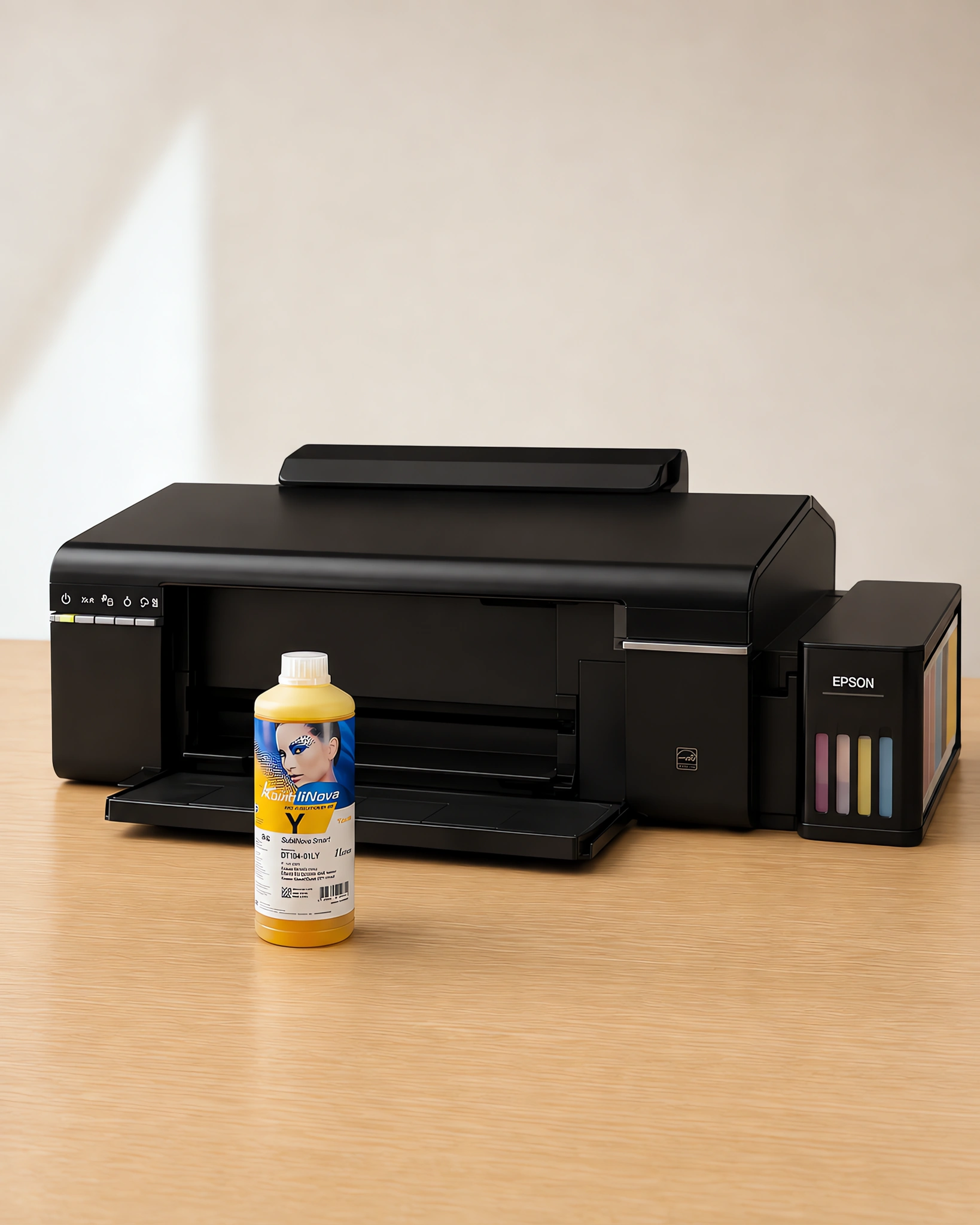 Tinta para sublimar Inktec, Epson serie L en su envase amarillo, sobre la mesa de trabajo, con la impresora que la usa detrás