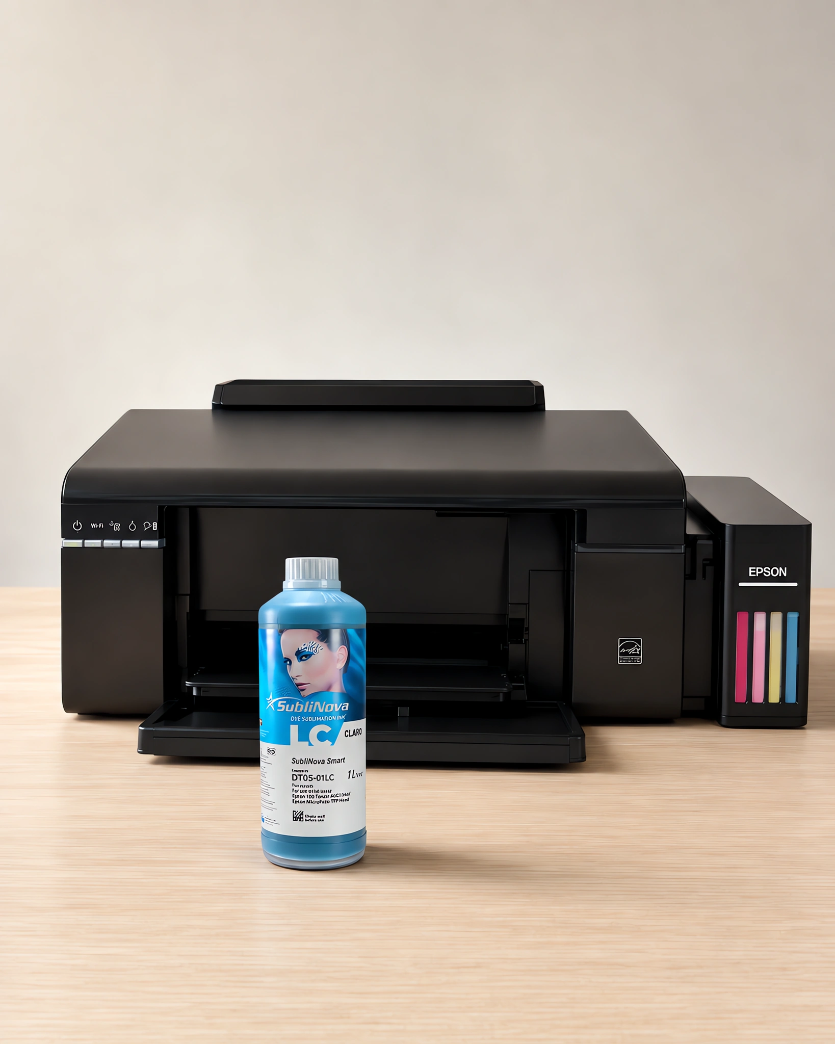 Tinta para sublimar Inktec, Epson serie L en su envase cyan claro, sobre la mesa de trabajo, con la impresora que la usa detrás