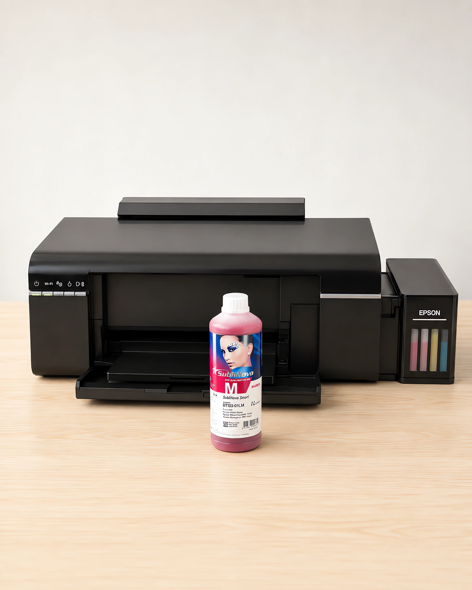 Tinta para sublimar Inktec, Epson serie L en su envase magenta, sobre la mesa de trabajo, con la impresora que la usa detrás