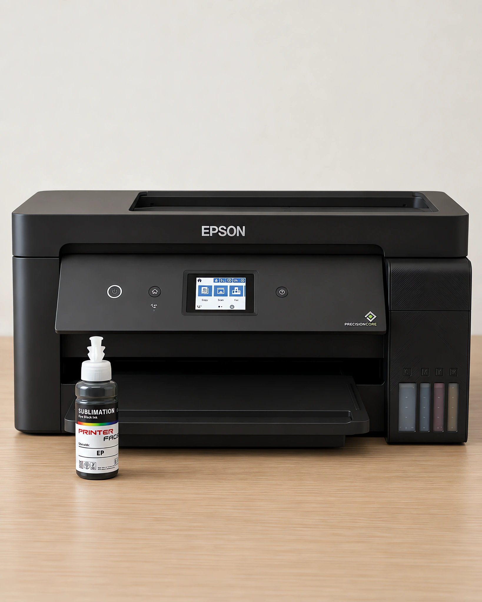 Tinta para sublimar Printer Face, Epson serie L en su envase negro hd, sobre la mesa de trabajo, con la impresora que la usa detrás