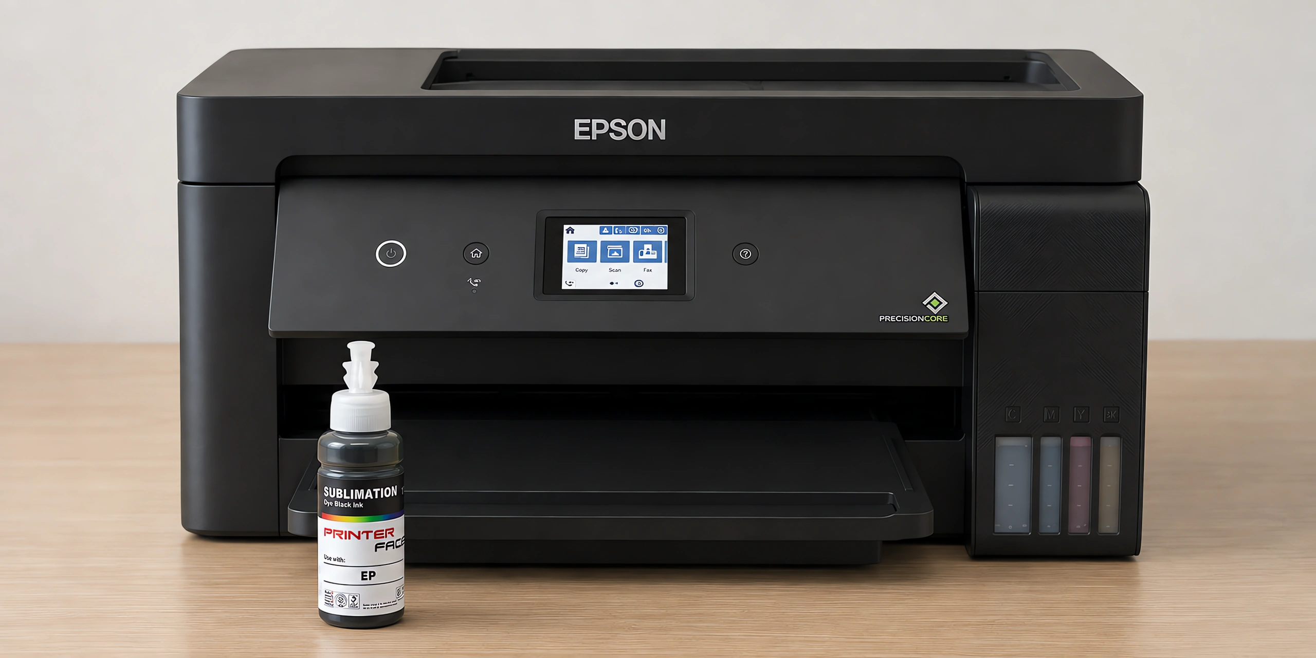 Tinta para sublimar Printer Face, Epson serie L en su envase negro hd, sobre la mesa de trabajo, con la impresora que la usa detrás