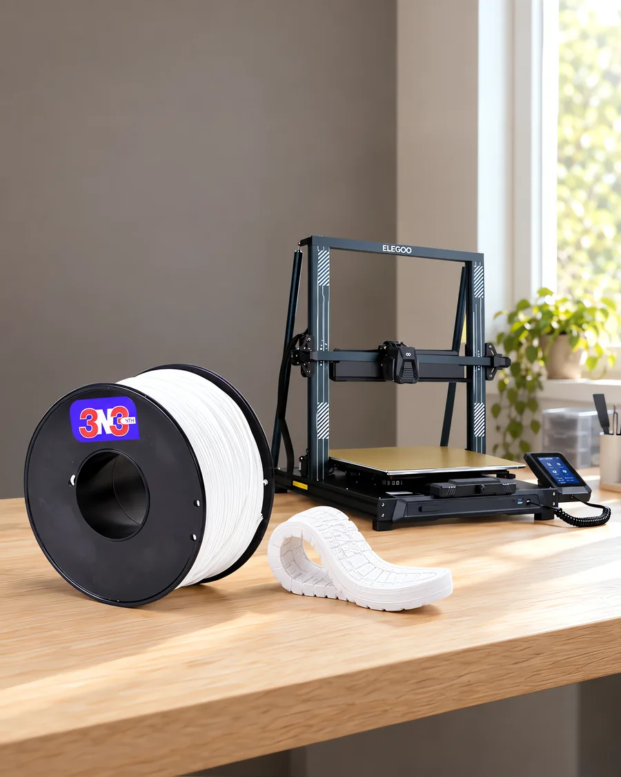 Carretel de filamento filamento flexible blanco sobre una mesa de roble claro, con una impresora 3D detrás y una suela impresa en el mismo color al lado.