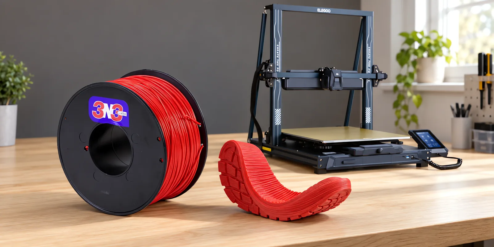 Carretel de filamento filamento flexible rojo sobre una mesa de roble claro, con una impresora 3D detrás y una suela impresa en el mismo color al lado.