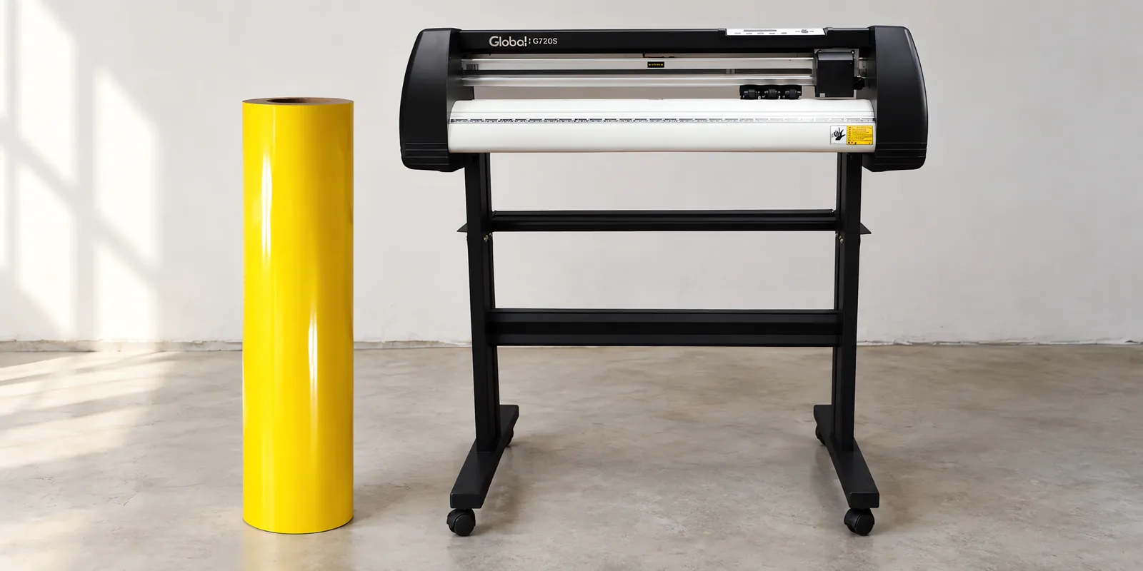 Rollo de vinilo de corte brillante, parado junto al plóter de corte