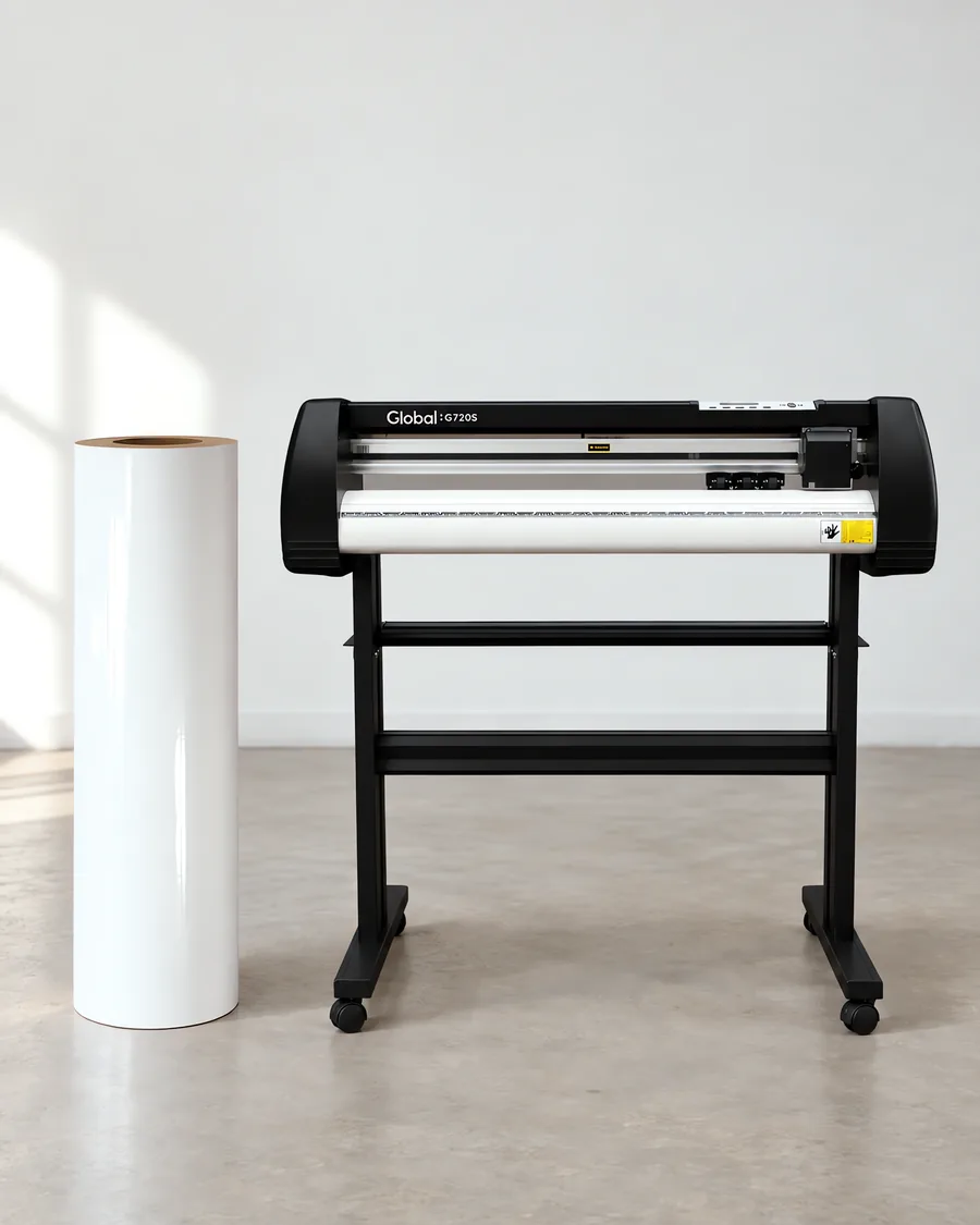 Rollo de vinilo de corte brillante, parado junto al plóter de corte