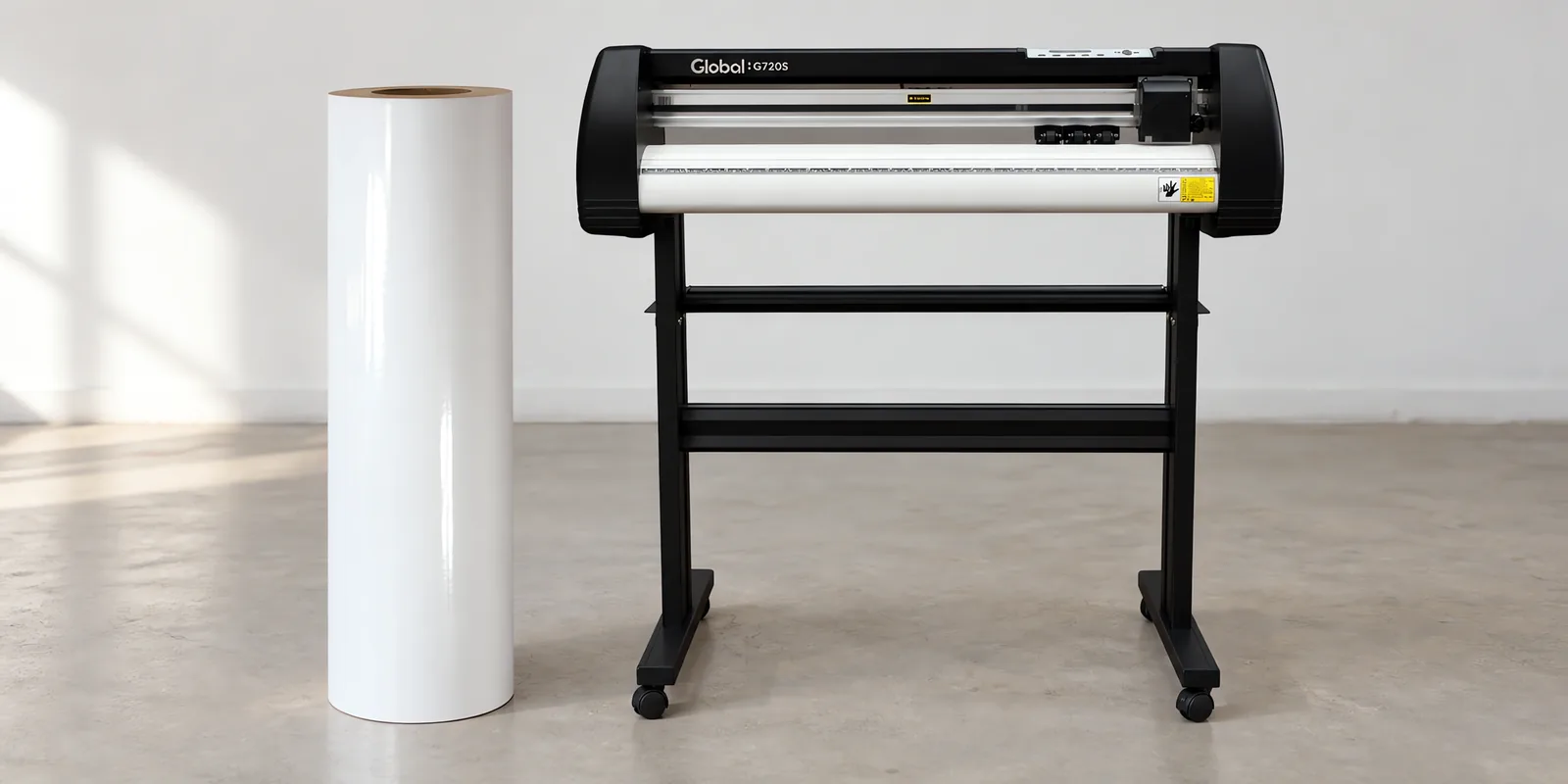 Rollo de vinilo de corte brillante, parado junto al plóter de corte