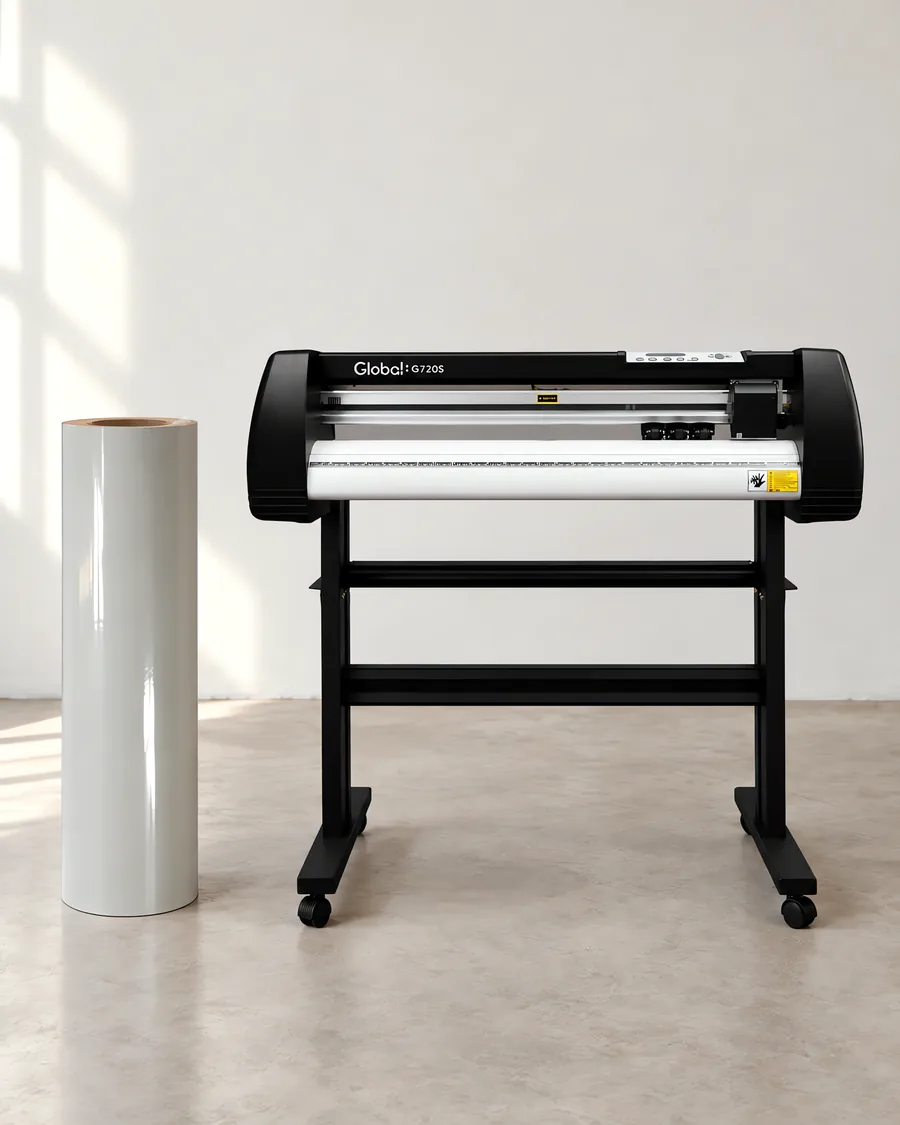 Rollo de vinilo de corte brillante, parado junto al plóter de corte