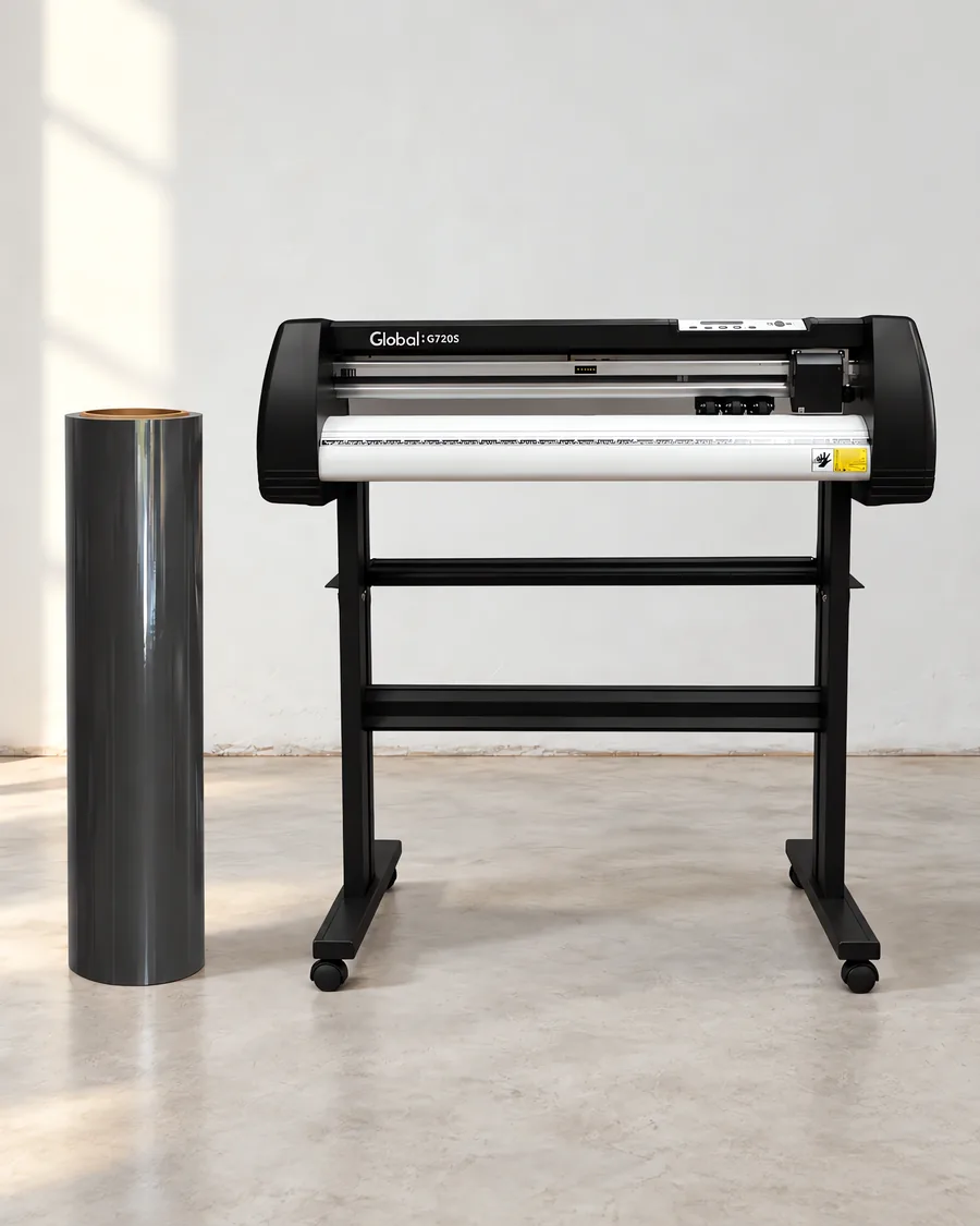 Rollo de vinilo de corte brillante, parado junto al plóter de corte