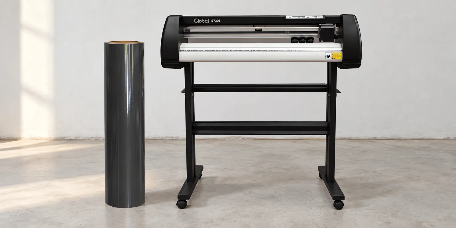 Rollo de vinilo de corte brillante, parado junto al plóter de corte