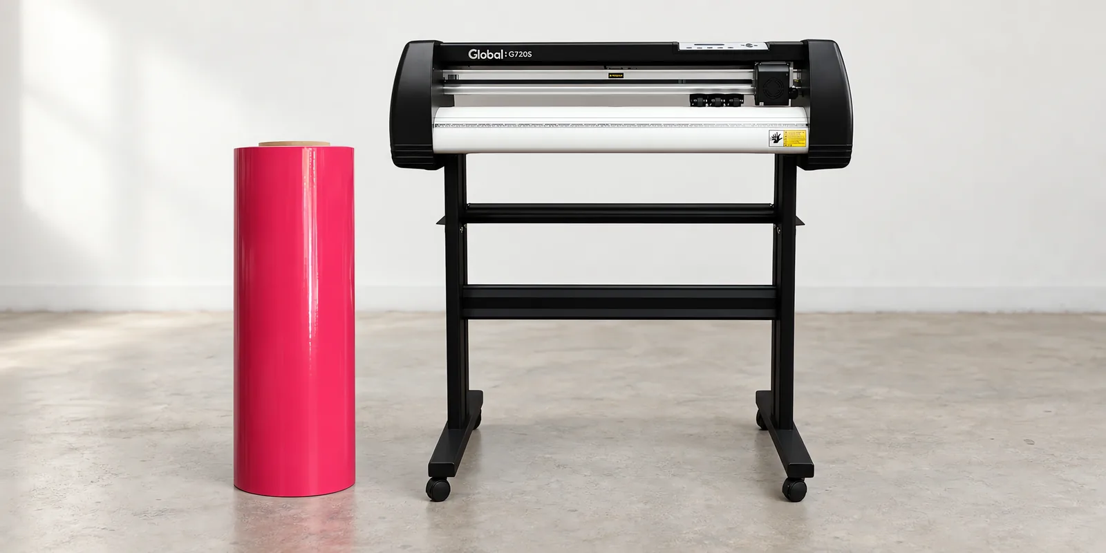 Rollo de vinilo de corte brillante, parado junto al plóter de corte