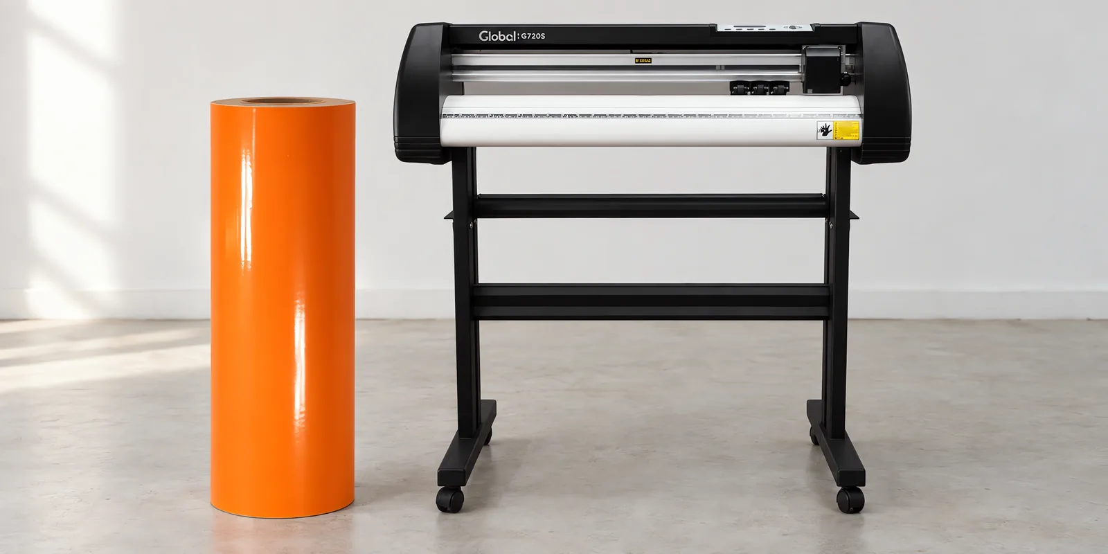 Rollo de vinilo de corte brillante, parado junto al plóter de corte