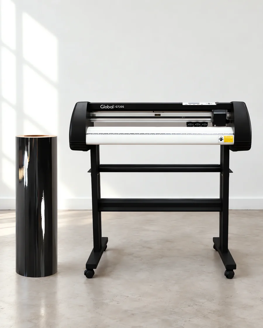 Rollo de vinilo de corte brillante, parado junto al plóter de corte
