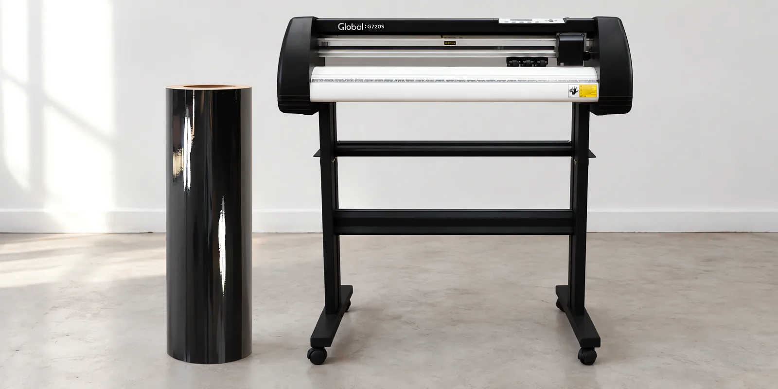 Rollo de vinilo de corte brillante, parado junto al plóter de corte